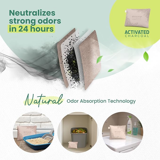 Roonin Activated Charcoal Odor Absorber - Bamboo Charcoal Air Purifying Bag - Activated Charcoal Bags Odor Absorber Packets - Home Deodorizer Odor Eliminator (6-pack)