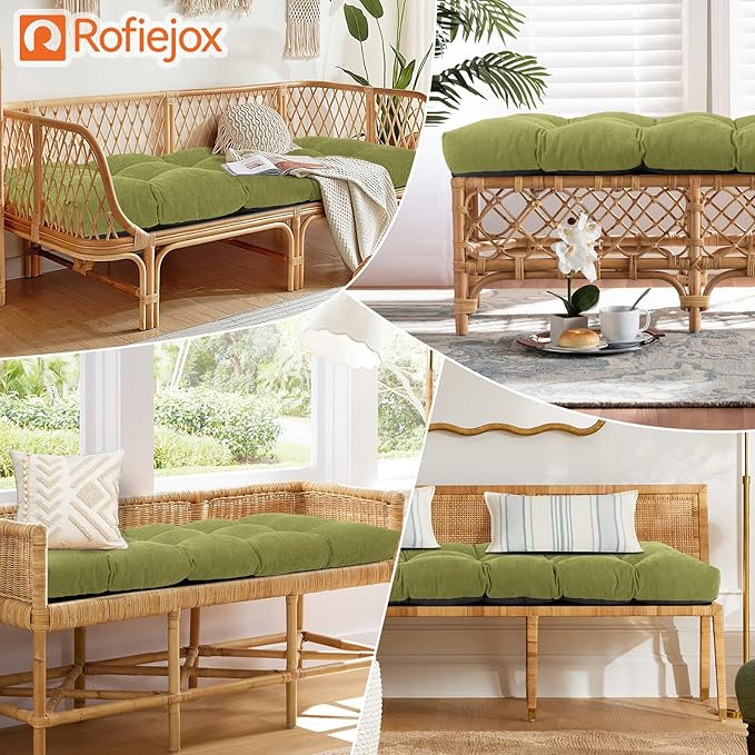 Bench Cushion 36 Inch - Chenille, High-Density Memory Foam, Non-Slip Bottom, Soft Durable Indoor Tufted Long Seat Cushion for Window Garden Furniture (Avocado Green, 36x14x4 Inch)