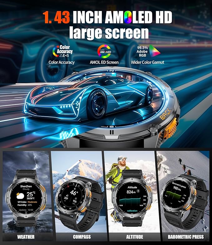 GPS Smart Watch for Men with LED Light/530mAh Battery, 1,43'' AMOLED Military Smartwatch with Compass/Barometer/Altimeter, Heart Rate/Sleep, 5ATM Waterproof Fitness Watch for Android iOS, Black