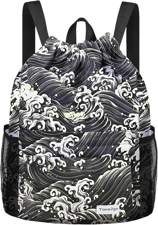 Drawstring Backpack Sports Gym Sackpack with Mesh Pockets Water-Resistant String Cinch Beach Bag for Men Women(Black Waves)