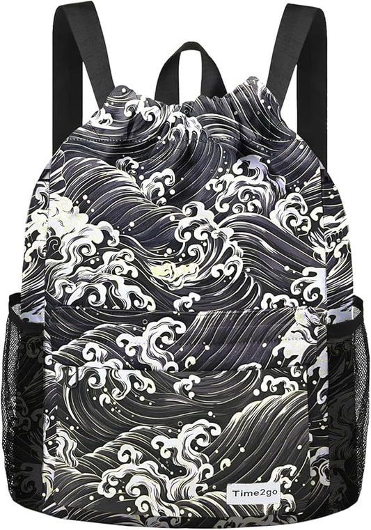 Drawstring Backpack Sports Gym Sackpack with Mesh Pockets Water-Resistant String Cinch Beach Bag for Men Women(Black Waves)