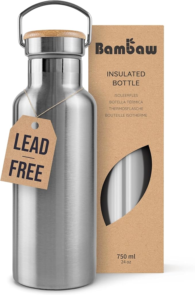 Bambaw Insulated Water Bottle 24oz | Stainless Steel Water Bottle | Insulated Water Bottles | Travel Water Bottle | Metal Water Bottle | Large Water Bottle | Reusable Water Bottle 750 ml