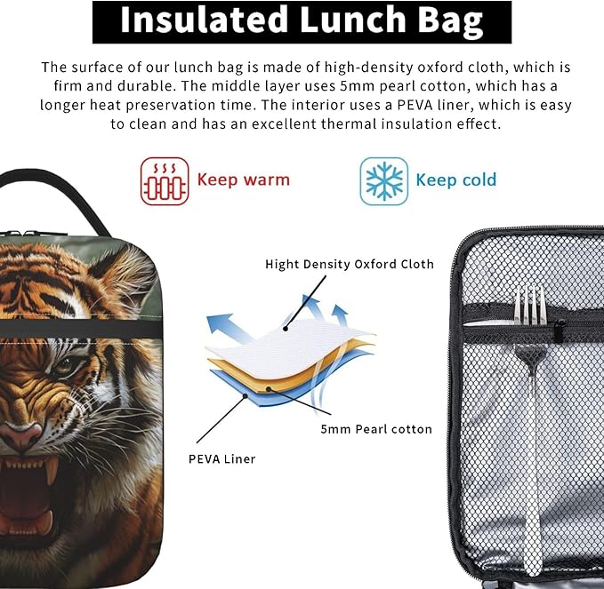 Insulated Lunch Box for Women Men, Tiger Theme Lunch Box Reusable Portable Lunch Bag Cooler Tote Waterproof Lunch Container for Office Picnic Work Travel