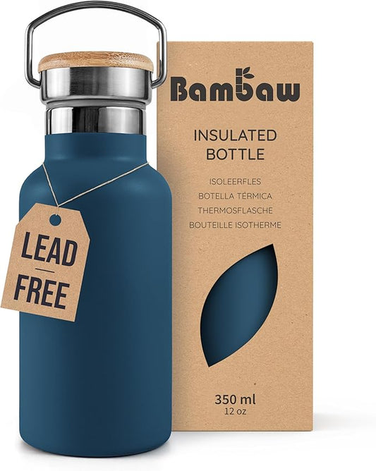 Bambaw 12 oz Stainless Steel Water Bottle, Aegean Blue, 350 ml, Double Wall Insulated, Leakproof, Dishwasher Safe, BPA Free