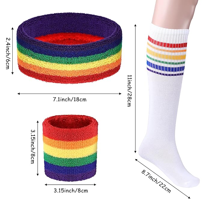 Skylety 5 Pcs Striped Sweatband Sock Set Wrist Sweatband Headband High Striped Headband for Men Women Sports 80s Party(Rainbow Color)