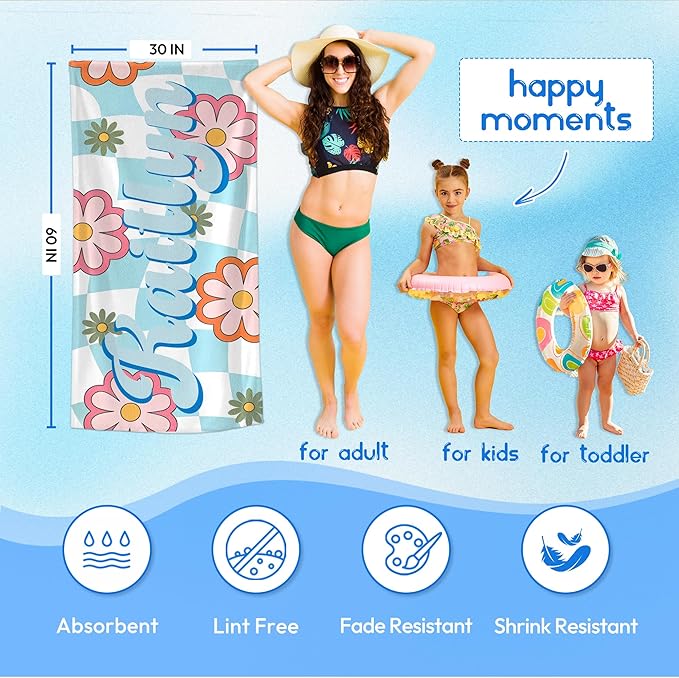 JML Personalized Beach Towel with Name, Custom Flower Beach Towel, Customized Microfiber Pool Towel, Quick Dry & Absorbent Swim Towel for Adult,Anniversary, Birthday, Summer Holiday,Vacation
