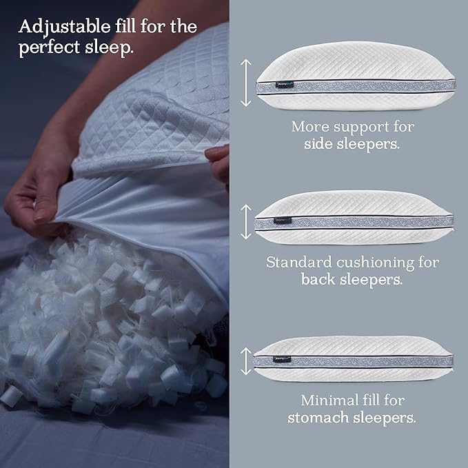DreamyBlue Gusseted Sapphire Pillow • Adjustable Loft, Luxury Cover, Shredded Memory Foam Fill w/Cooling Beads • Ideal for Wide Shoulders • Neutral Alignment for All • CertiPUR-US Certified (Queen)