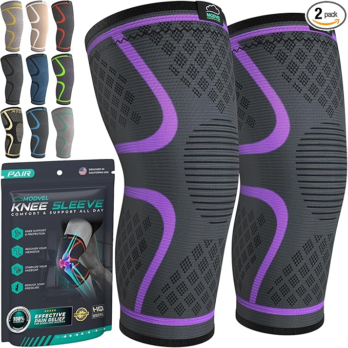 Modvel Compression Knee Brace for Women & Men, 2-Pack Knee Brace for Running Knee Pain, Knee Support Compression Sleeve, Workout Sports Knee Braces for Meniscus Tear, ACL & Arthritis Pain Relief