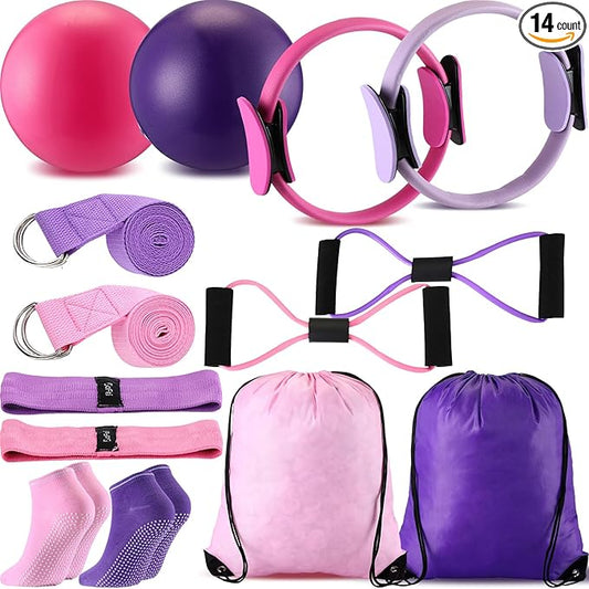 Poen Home Pilates Kit for Women Pilates Equipment Ring and Ball Set with Stretching Strap 8 Resistance Bands Non Slip Socks Gym Back Bags Exercise Equipment for Workout