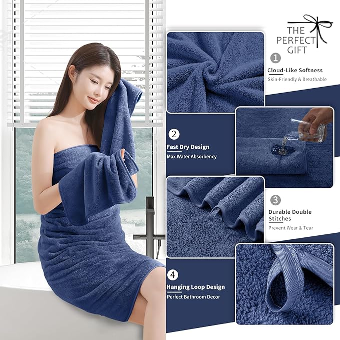 Extra Large Bath Sheet 4 Piece (35"x70")-Ultra Soft Oversized Bath Towel,Bath Sheet Towel Set for Bathroom Hotel,Highly Absorbent Quick Dry Shower Towel Set for Adults,Bathroom Towel-Navy Blue