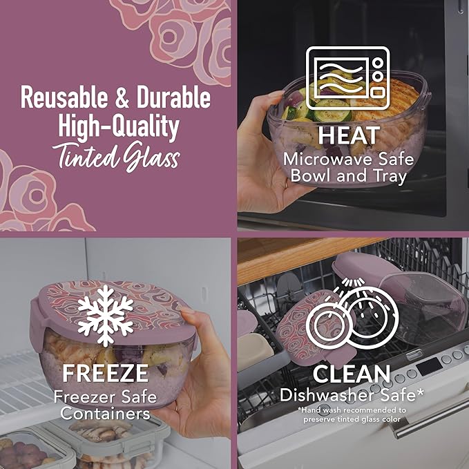 Bentgo Glass Prints All-in-One Salad Container - 61oz Tinted Glass Salad Bowl with Lid, Bento-Style Tray, Sauce Container, & Reusable Fork - Dishwasher & Microwave Safe (Floral Maximalist - Bouquet)