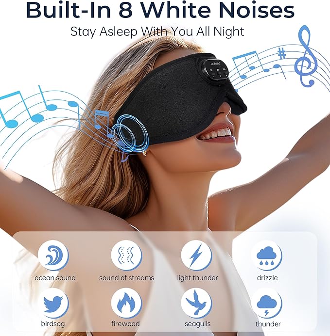 LC-dolida Bluetooth Sleep Mask with White Noise，Sleep Headphones,Bluetooth Wireless Music Eye Mask, Ideal for Travel, Night Work, Napping, Side Sleeping and Office Use for Both Men and Women(Black)