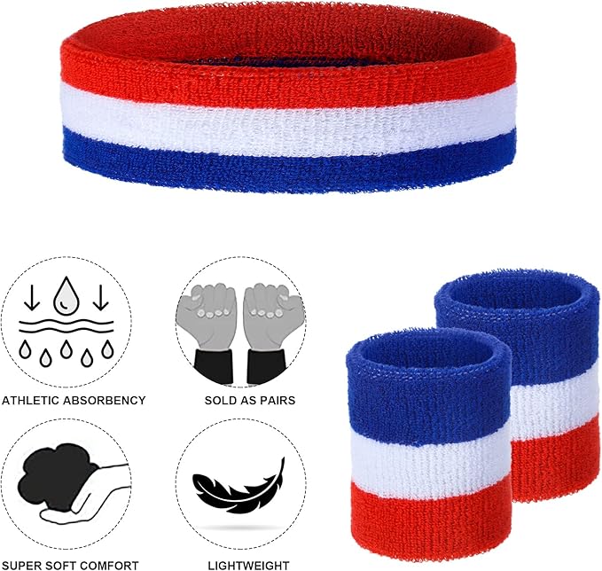 48 Pcs Football Sweatbands Bulk for Men Women Striped Sweatband Set, Include 16 Headband and 32 Wristbands Sports Neon Accessories for 80's Costume Party Athletic Gym