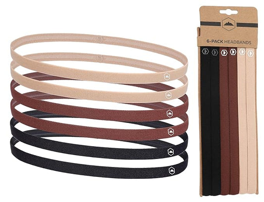 Tough Headwear Thin Elastic Headbands for Men - Sports Hair Head Band for Women & Men - Non Slip Mens Workout Headband - Running or Soccer Headband - 6-Pack