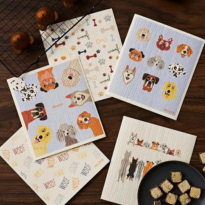 RECYCO Swedish Dishcloths for Kitchen | 5 Pack Pale Blue Washable Dish Rags | Cellulose Reusable Cleaning Paper Towels | Absorbent Counter Dish Cloth Sponge Kitchen Wipes, 8" L x 7" W