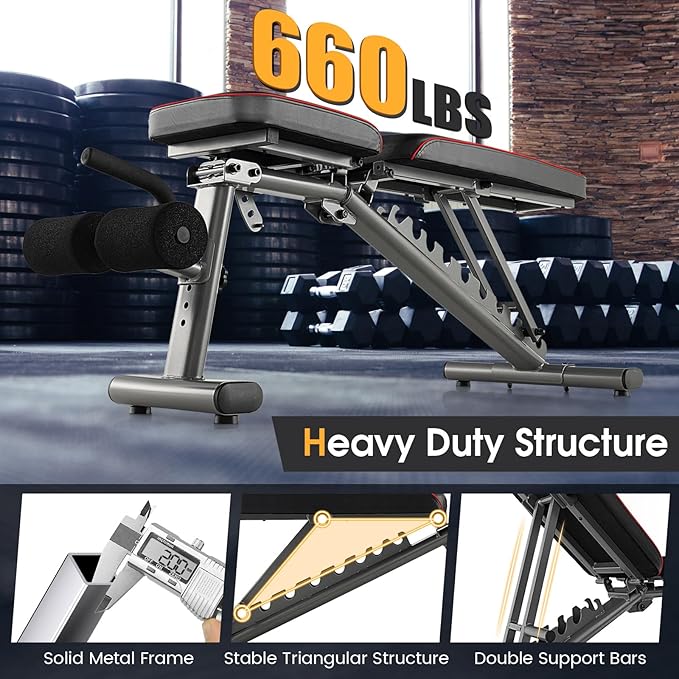 GYMAX Adjustable Weight Bench, 660lbs Strength Training Bench Press for Full Body Workout, Commercial Grade Decline Incline Flat Exercise Bench w/Built-in Wheels for Weight Lifting Fitness Equipment