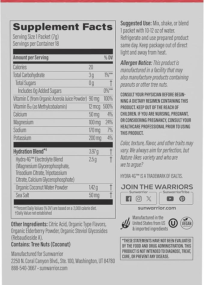 Sunwarrior Hydration Powder Electrolyte Packets Powder | Strawberry Colada Flavored | 18 Stick Packs 126g Pouch | Vegan and Plant-Based Sugar Free | B12 Elderberry and Electrolytes | Active Hydration