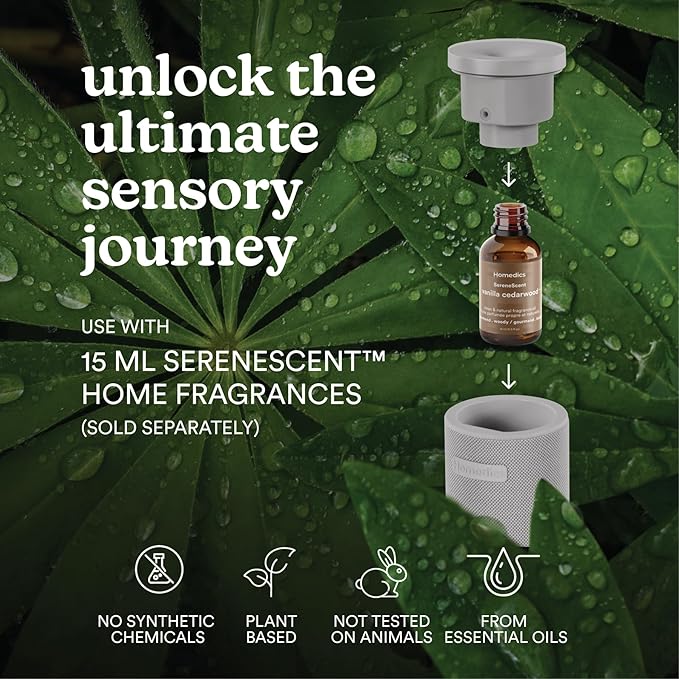 Homedics SereneScent Mini Fabric Rechargeable Waterless Diffuser, Cordless Aromatherapy Device, Use with SereneScent Oil 15ml (Sold Separately), Adjustable Mist Intensity & Ambient Light, Gray