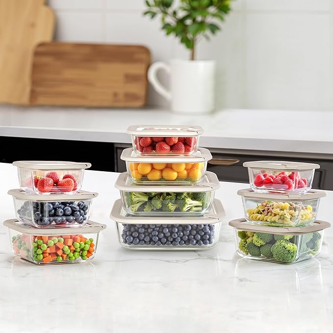 Glass Food Containers with Glass Lid, Microwave Safe Food Storage Container Set, 6 Pack Square Shape, Large Size Airtight Storage Set with Leak Proof Lids, Meal Prep Containers