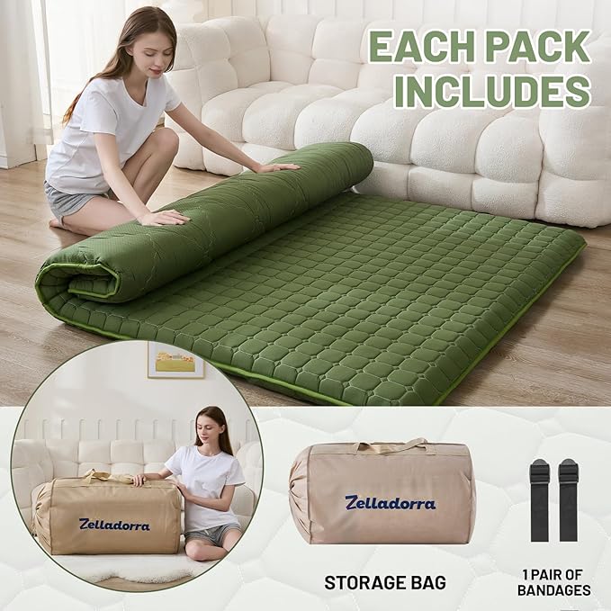 Japanese Floor Mattress Queen, Anti-Slip Japanese Futon Foldable Tatami Mat for Guests, Green