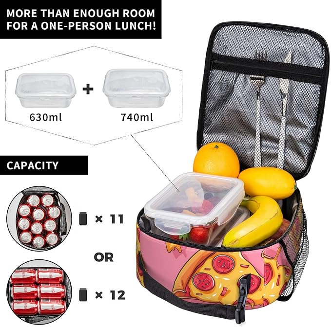 Insulated Lunch Box for Women Men, Pizza Theme Lunch Box Reusable Portable Lunch Bag Cooler Tote Waterproof Lunch Container for Office Picnic Work Travel
