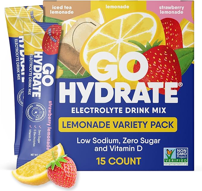GoHydrate Instant Hydration Powder Packets - Low Sodium Electrolytes Drink Mix - Natural Hydration Support, Sugar Free Electrolyte Flavored Powder Drink with Vitamin D, 15 Packs, Lemonade Mixed