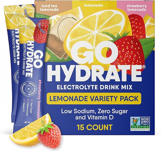 GoHydrate Instant Hydration Powder Packets - Low Sodium Electrolytes Drink Mix - Natural Hydration Support, Sugar Free Electrolyte Flavored Powder Drink with Vitamin D, 15 Packs, Lemonade Mixed