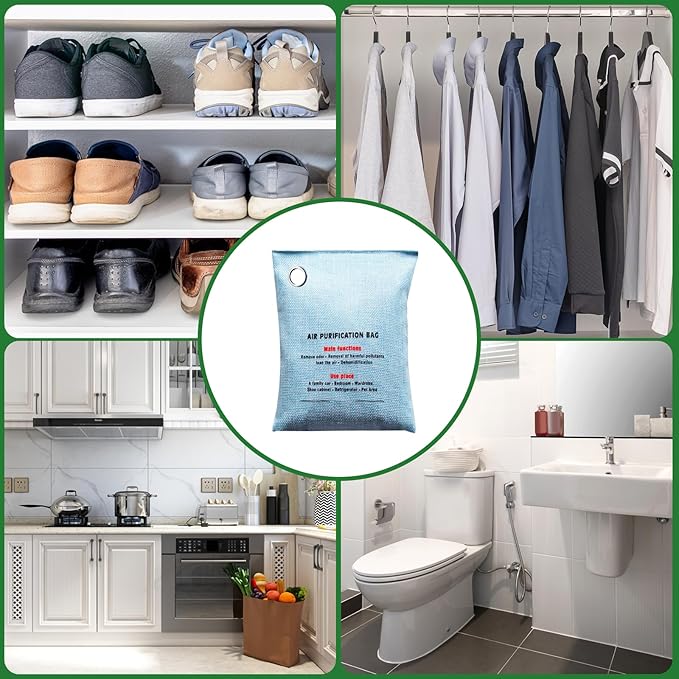 4 Pack charcoal odor absorber,Bamboo Charcoals Air Purifying Bag Charcoals Deodorizer Eliminator for Strong Odors in Car, Closet, Shoe, Basement (200G*4 Pack Blue, Unscented)