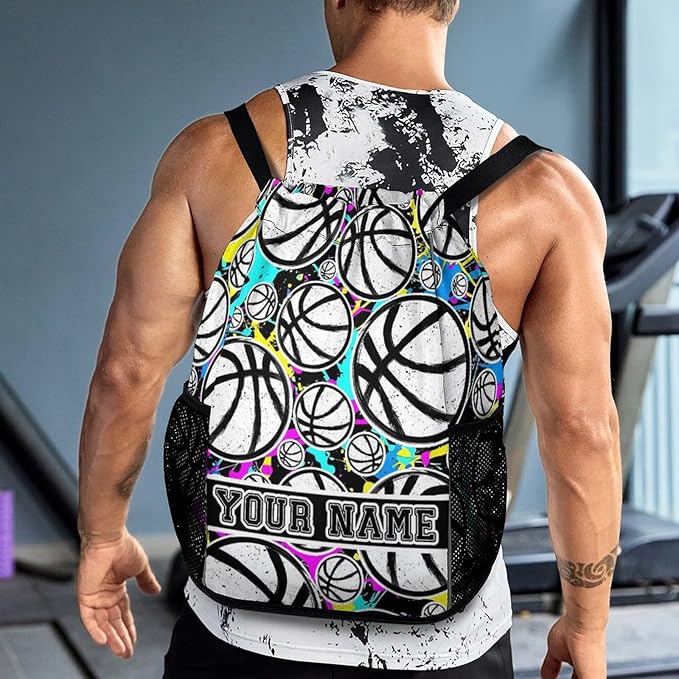 Custom Basketball Drawstring Backpack - Cool Cinch Sack, String Backpacks with Pocket for Kids Women Men Boys Girls for Gym Outdoor Sports Travel Athletic Drawstring Bag - Lightweight/Foldable