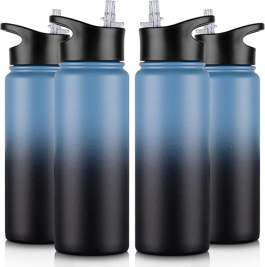 24 oz Insulated Water Bottle Bulk 4 Pack, Stainless Steel Sports Water Bottles with Straw Lid & Wide Mouth Lids, Double Walled Vacuum, Leak Proof, Blue Black Gradient