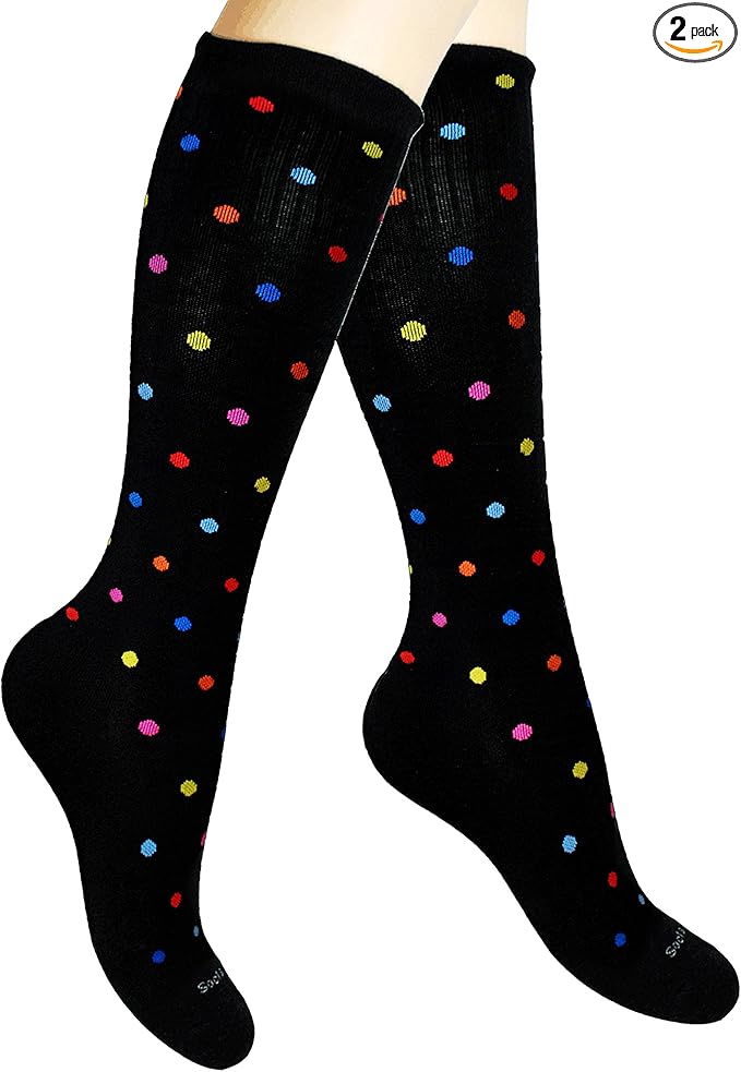 Cotton Compression Socks for Women & Men. 15-20 mmHg Support Knee-High Color Dots S/M