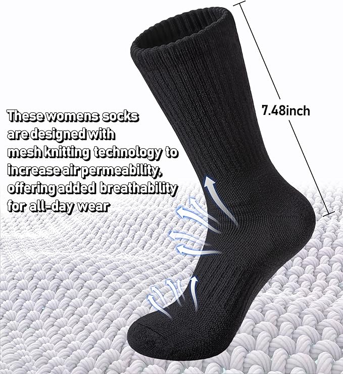 FNOVCO Women's Hiking Walking Running Crew Socks Thick Cushioned Athletic Compression Socks 5 Pairs