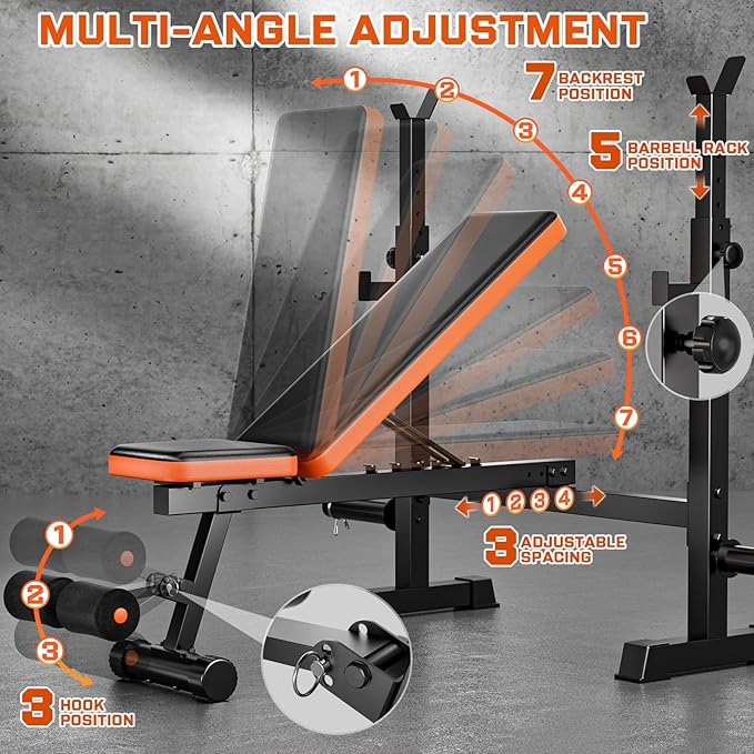Fostoy Weight Bench, 770lbs Bench Press With Squat Rack, Adjustable Weight Benches for Home Gym, Olympic Workout Bench for Full Body Fitness, Flat Incline Bench With Removable Foot Catch