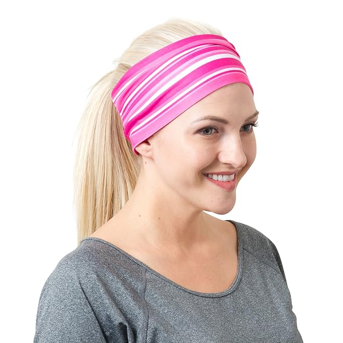 RiptGear Stretch Sport Headband for Women (Pink Solid and Striped) — Non-Slip Sweat Wicking Fabric Great for Yoga, Running or The Gym — Soft Headband That Fits Most Head Sizes — (2-Pack)