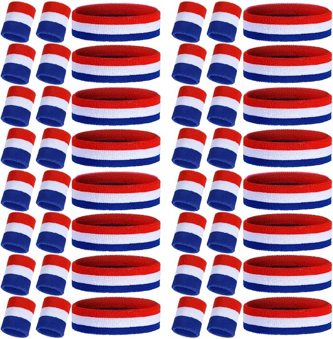 48 Pcs Football Sweatbands Bulk for Men Women Striped Sweatband Set, Include 16 Headband and 32 Wristbands Sports Neon Accessories for 80's Costume Party Athletic Gym