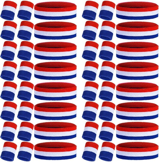 48 Pcs Football Sweatbands Bulk for Men Women Striped Sweatband Set, Include 16 Headband and 32 Wristbands Sports Neon Accessories for 80's Costume Party Athletic Gym