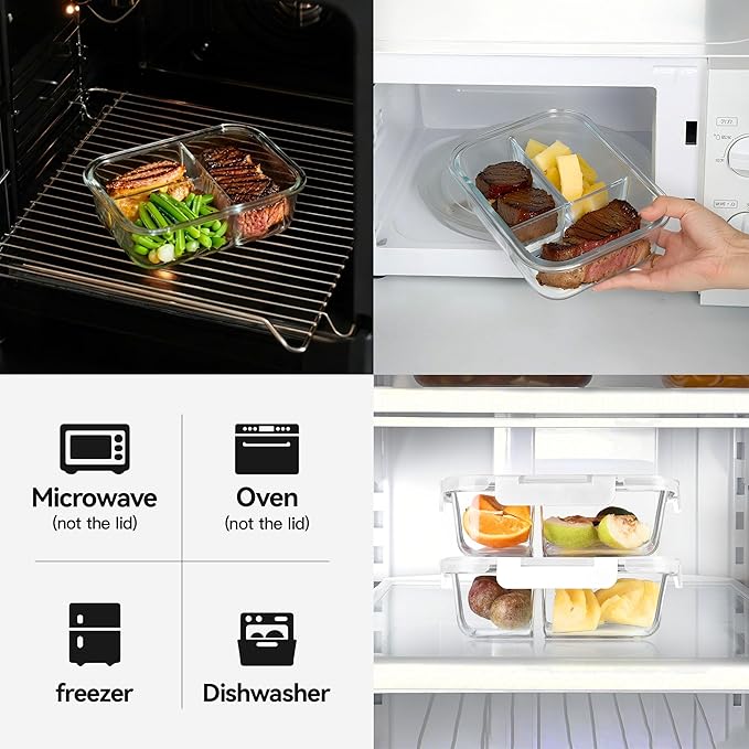 BAYZZ 5 Pack 35 Oz Glass Meal Prep Containers 3 Compartments, Glass Food Storage Containers, Lunch Bento Box with Airtight Lids, Microwave, Freezer & Dishwasher Safe, White