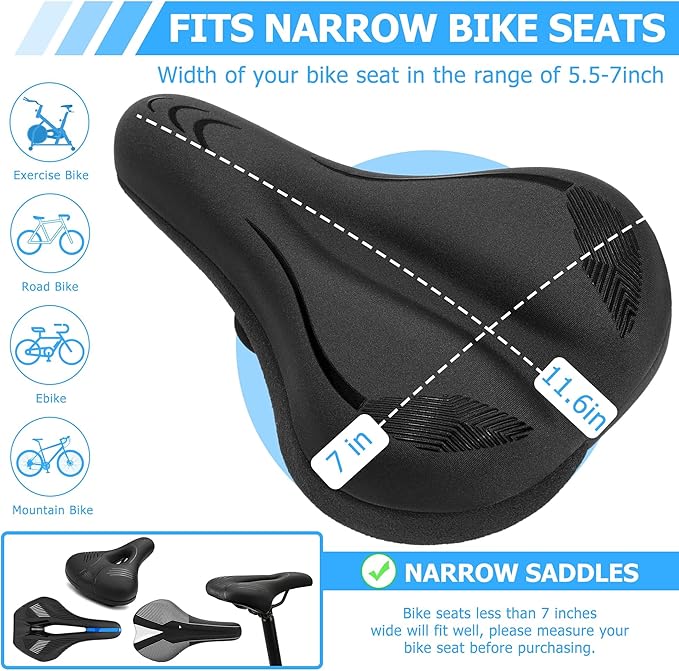 Gel Bike Seat Cushion, Soft Gel Padded Bicycle Seat Cover for Men & Women Comfort, Extra Padding Cycle Seat Cushion for Peloton, Stationary Exercise Bike, Beach Cruiser, Ebike, MTB, Road Bicycle