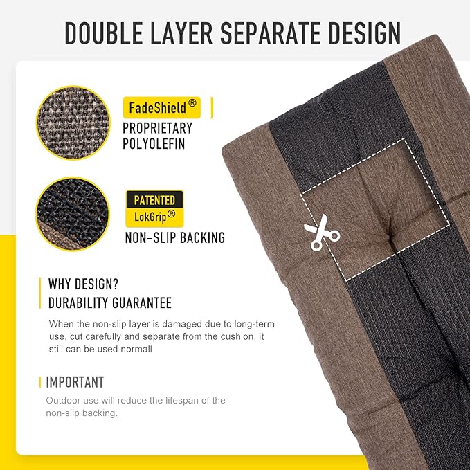 SUNROX LokGrip Non Slip Tufted Memory Foam Bench Cushion, FadeShield Water Resistant Durable Thicken Outdoor/Indoor Bench Seat Pads 30x14x4 inch, Heather Chestnut