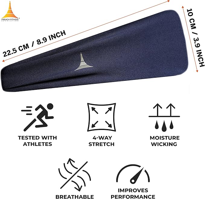 French Fitness Revolution - Stretchy Sports Headband for Men & Women - Guys Sweatband for Running, Cycling, Basketball, Yoga, Fitness - Moisture Wicking Workout Hairband - Made in Europe