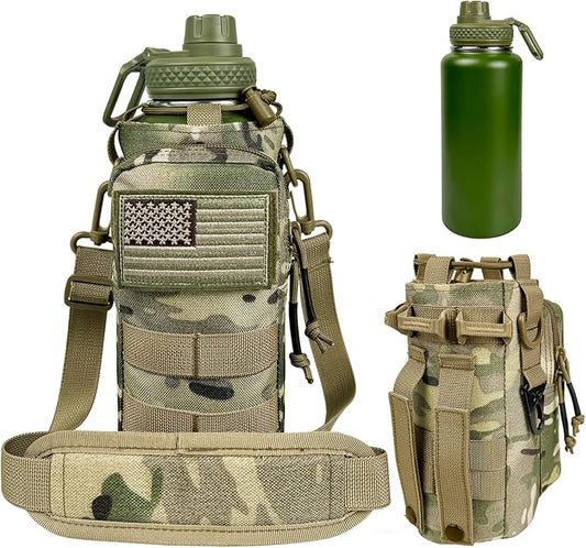 32 oz Water Bottle with Sleeve - Military Green Stainless Steel Metal Insulated Water Jug, Sports Bottle for Gym Hiking Camping Camo Pouch