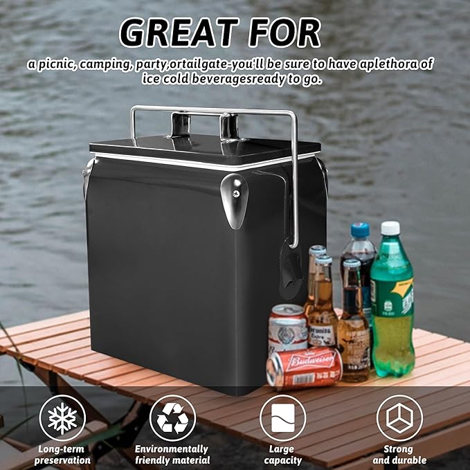 Retro Ice Chest Cooler with Bottle Opener 13L (14Qt), Stainless Steel Vintage Style Ice Bucket for Camping, Party, Beach, Picnic, RV, BBQ, Tailgating, Fishing