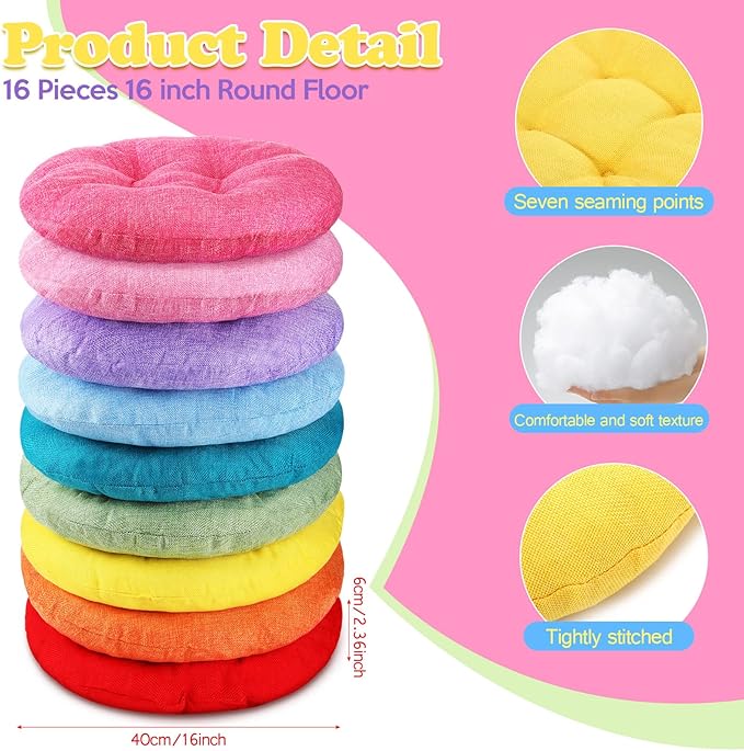 Fumete 16 Pcs 16 Inch Round Floor Cushions for Kids and Toddlers, Flexible Seating Classroom Furniture Floor Pillow for Home, Daycare, Preschool, Yoga and Meditation (Cute)