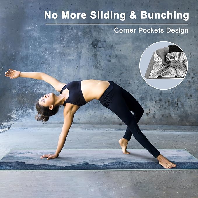 QIYI Large Yoga Mat Towel with Corner Pockets, Non Slip Sweat Absorbent Hot Yoga Towels, Soft Yoga Blankets with Travel Bag, Skidless Mat Cover for Workout, Gym, Fitness - 74"x26", Watercolor Mountain