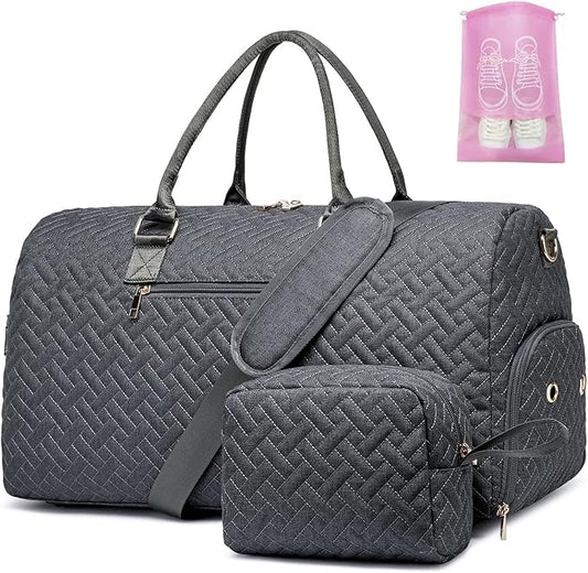 Duffle Bag for Travel, Weekender Bag with Shoe Compartment, Carry On Overnight Bag for Women with Toiletry Bag, Gym Bag with Wet Pocket, Hospital Bags for Labor and Delivery Beige