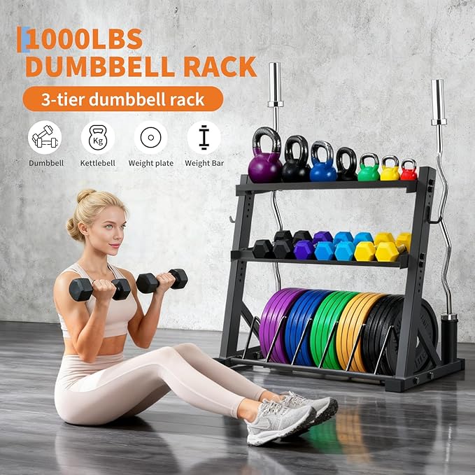 3 Tier Barbell Storage Racks,1000 LBS Capacity Adjustable Weight Rack for Dumbbell, Kettlebell, Barbell Bar(Q235 Carbon Steel)
