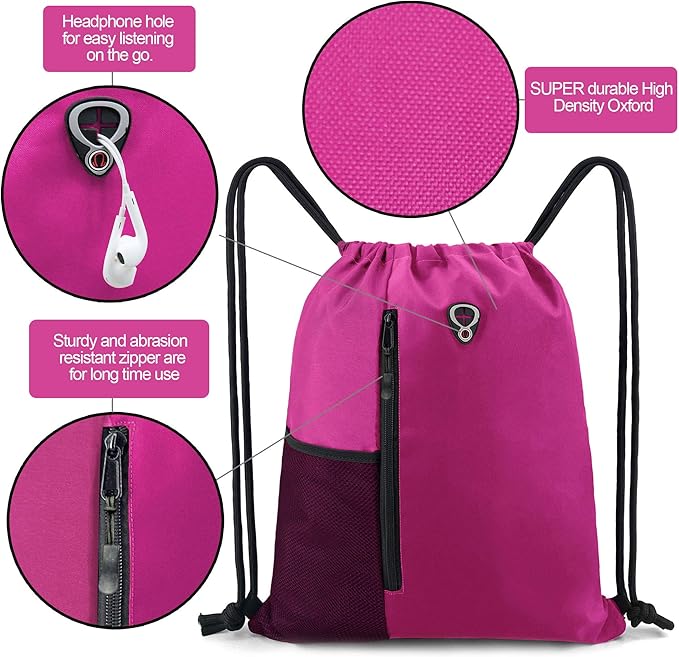 BeeGreen Pink Cinch Sack Drawstring Backpack For Women With Water Bottle Pocket &Two Zippered Pocket Large Sports Gym Sackpack For Traveling Yoga Beach Outdoor