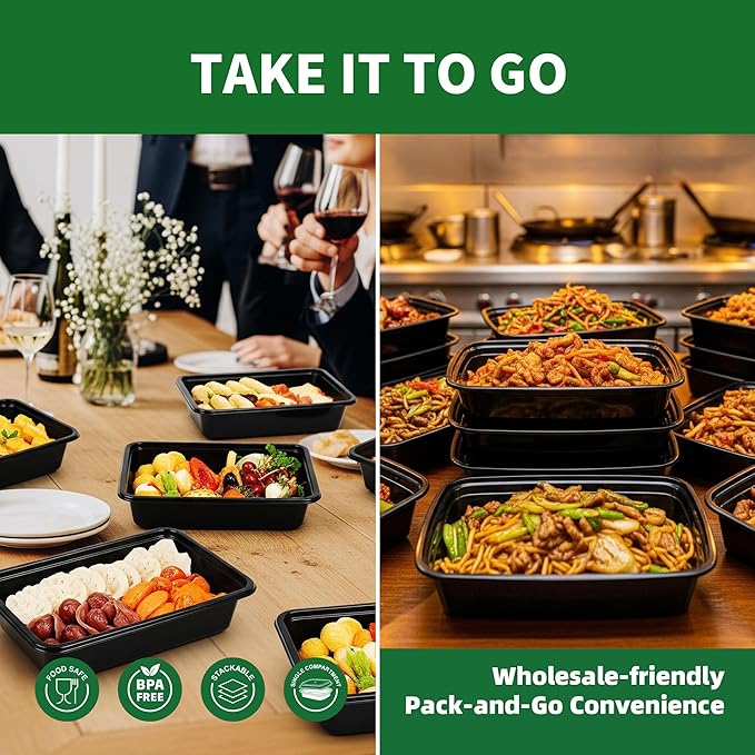 Meal Prep Containers, 50 Pack 32oz (100-Piece) Disposable Take Out Food Storage Containers with Leakproof Lids, Reusable Plastic To Go Lunch Boxes, BPA Free, Microwave/Dishwasher/Freezer Safe