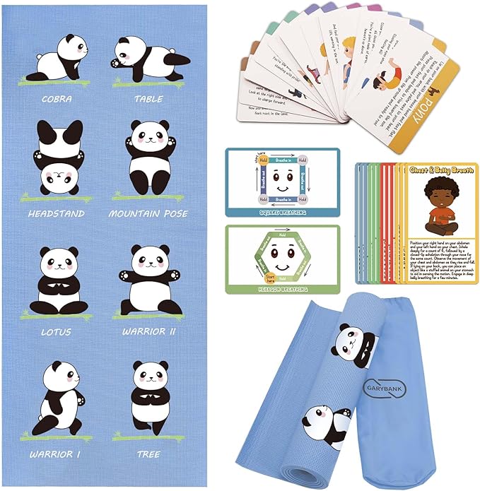 Garybank Kids Yoga Mat Set - Non-slip Exercise Mats with Fun Prints - 12 Yoga Cards - Carrier Bag - Odor Free Non-Toxic, Cute Yoga Mat for Girls & Boys (60 X 24 X 0.2 Inch)