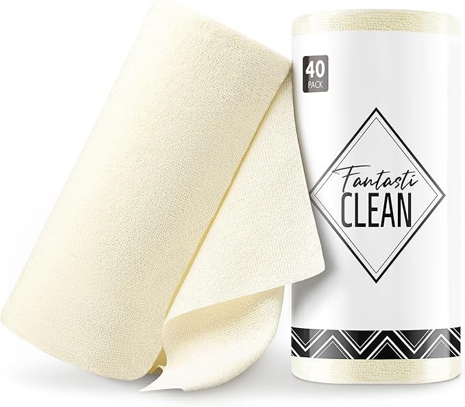 Fantasticlean Microfiber Cleaning Cloth Roll -40 Pack, Tear Away Microfiber Towels, 12" x 12", Reusable, Washable, Scratch Free, Ultra Absorbent Dishcloth for Car, Home Supplies, Pet, Kitchen (Beige)